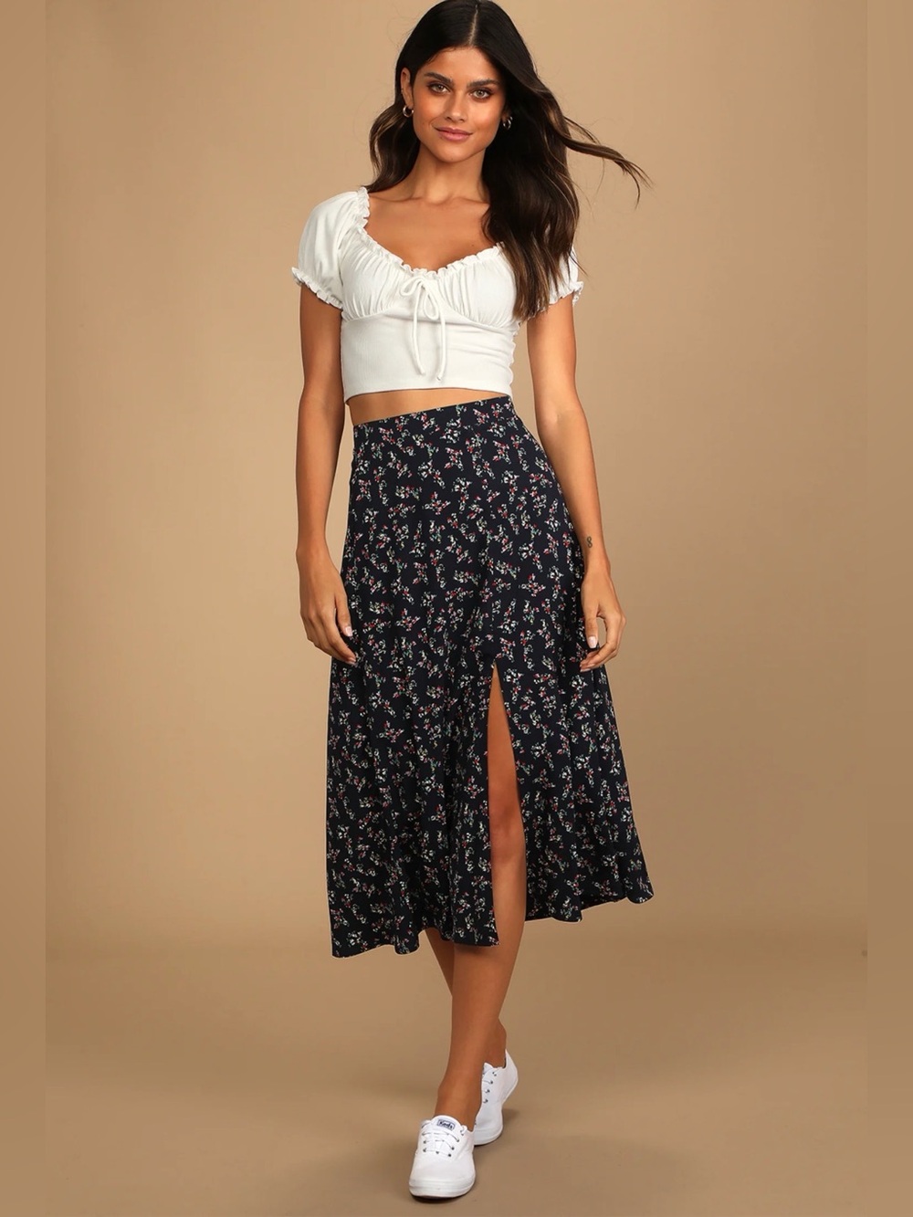 Lulus NWT Navy Floral Wrap Maxi Skirt High Slit Size Small